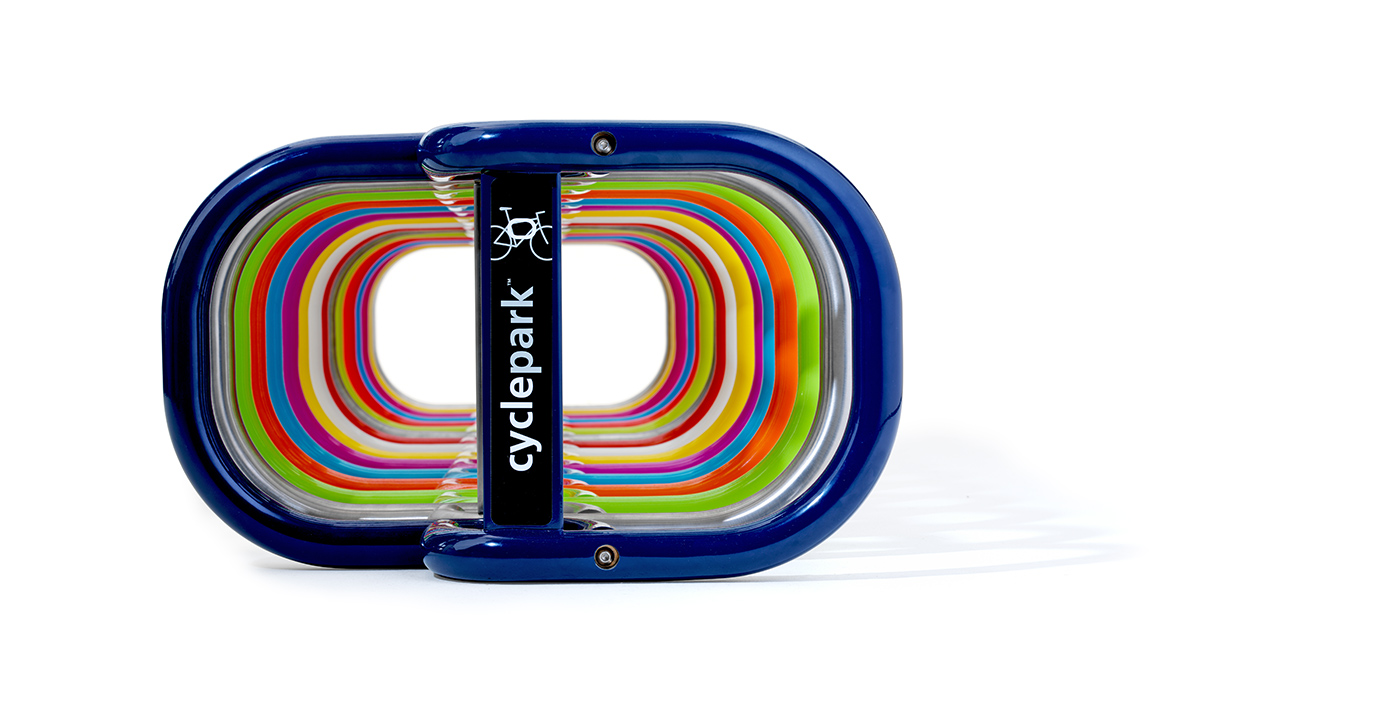 Studio close-up of Cyclepark bike parking in a range of colours