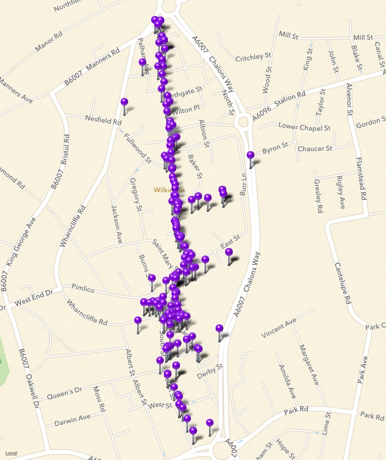 Enlarged Ilkeston survey map showing marked survey locations