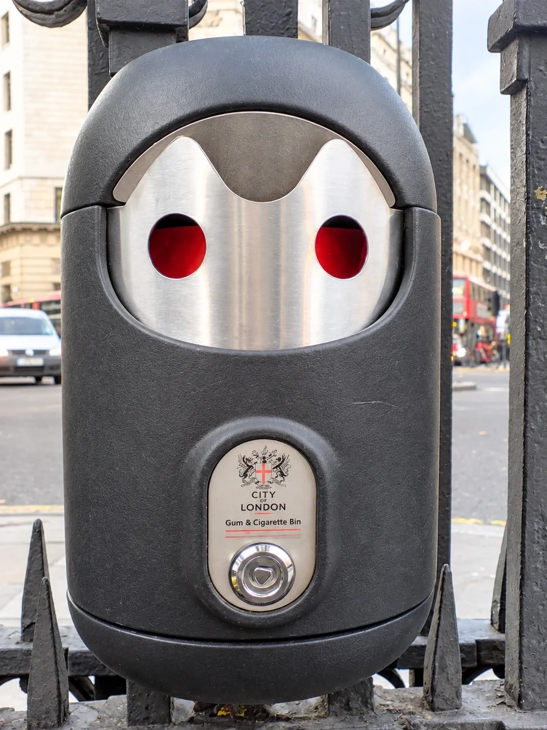 Railing-mounted Smartbin cigarette and chewing gum bins