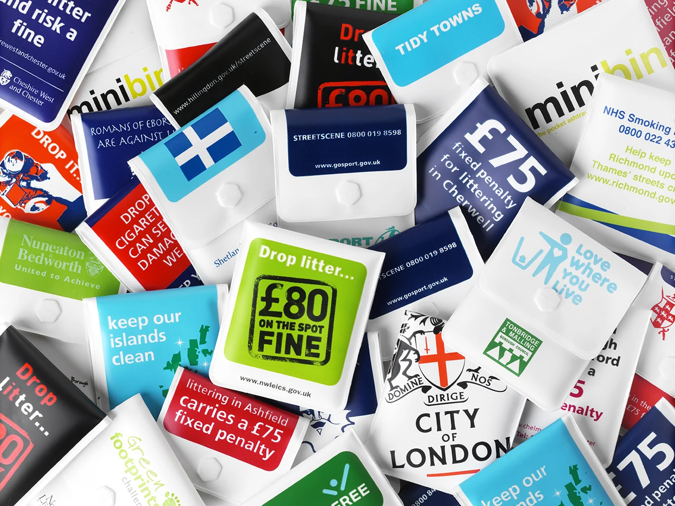 Reusable Minibin pocket ashtrays with different campaign designs